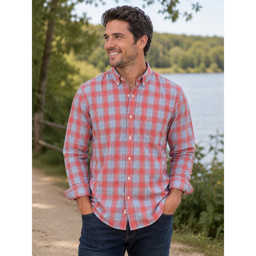 BONOBOS Men's Large Red Blue Plaid Long Sleeve Shirt Slim Fit -1143